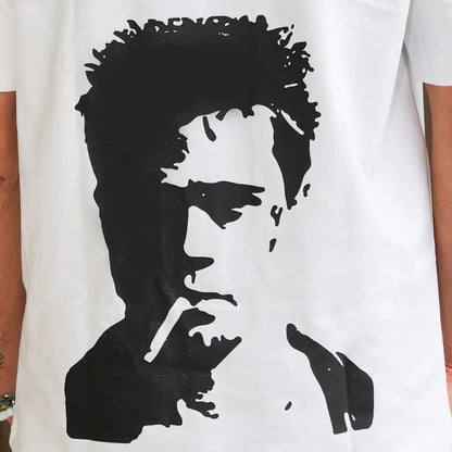 Screen print detail on Soethical Alter Ego white heavyweight cotton tee