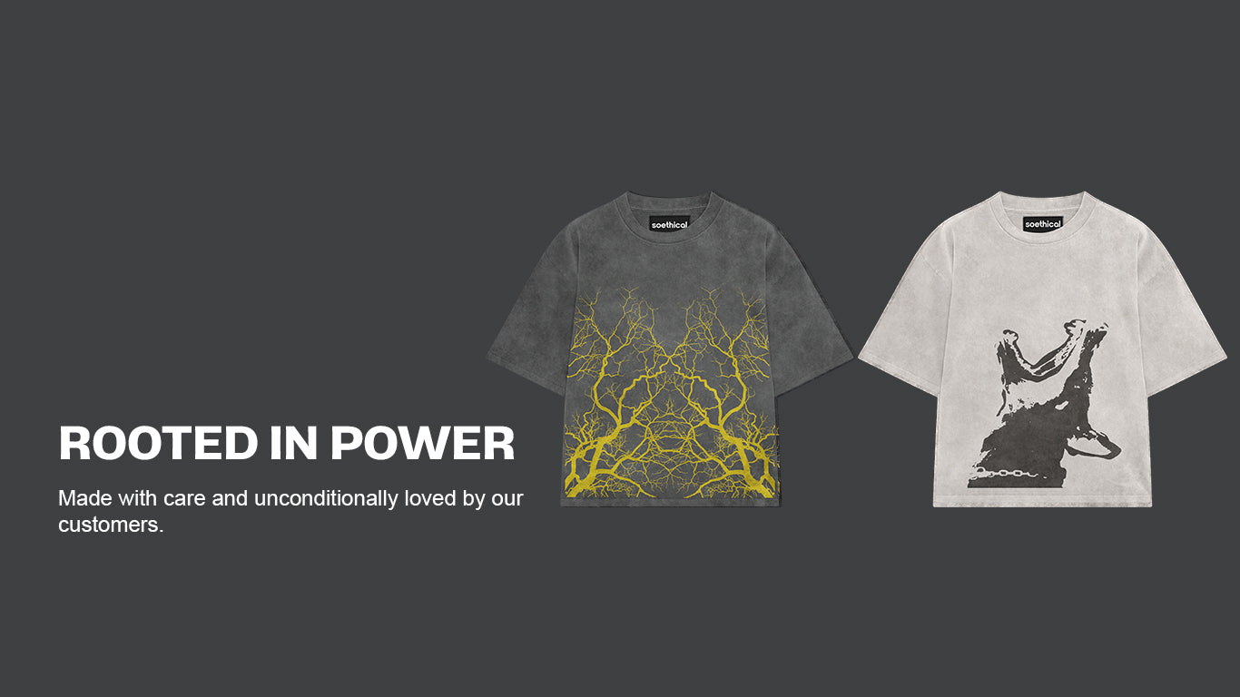 Two  oversized t-shirts with artistic designs on a dark background, featuring text 'Rooted in Power' from soethical.