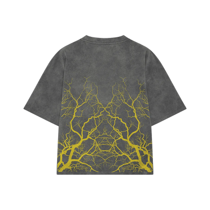 Back view of Roots of Power oversized t-shirt with golden branching graphic print